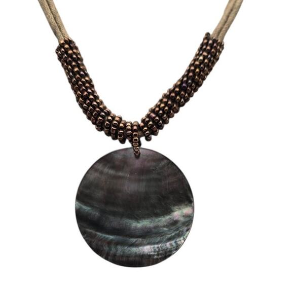 Lia Sophia Iridescent Shell Disc Tan Cord Beaded Pendant Necklace - Picture 2 of 6